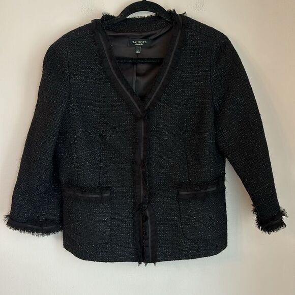 Talbots Women black tweed sparkle holiday raw hem blazer suit jacket size. 8 EUC - Picture 3 of 12